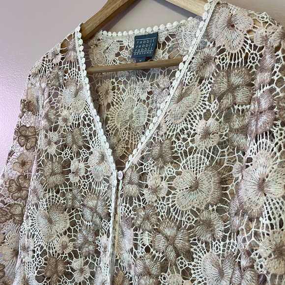 Rabbit Rabbit Rabbit Women’s Lace Crochet Cropped Sweater Size Medium Pink White - Picture 3 of 9